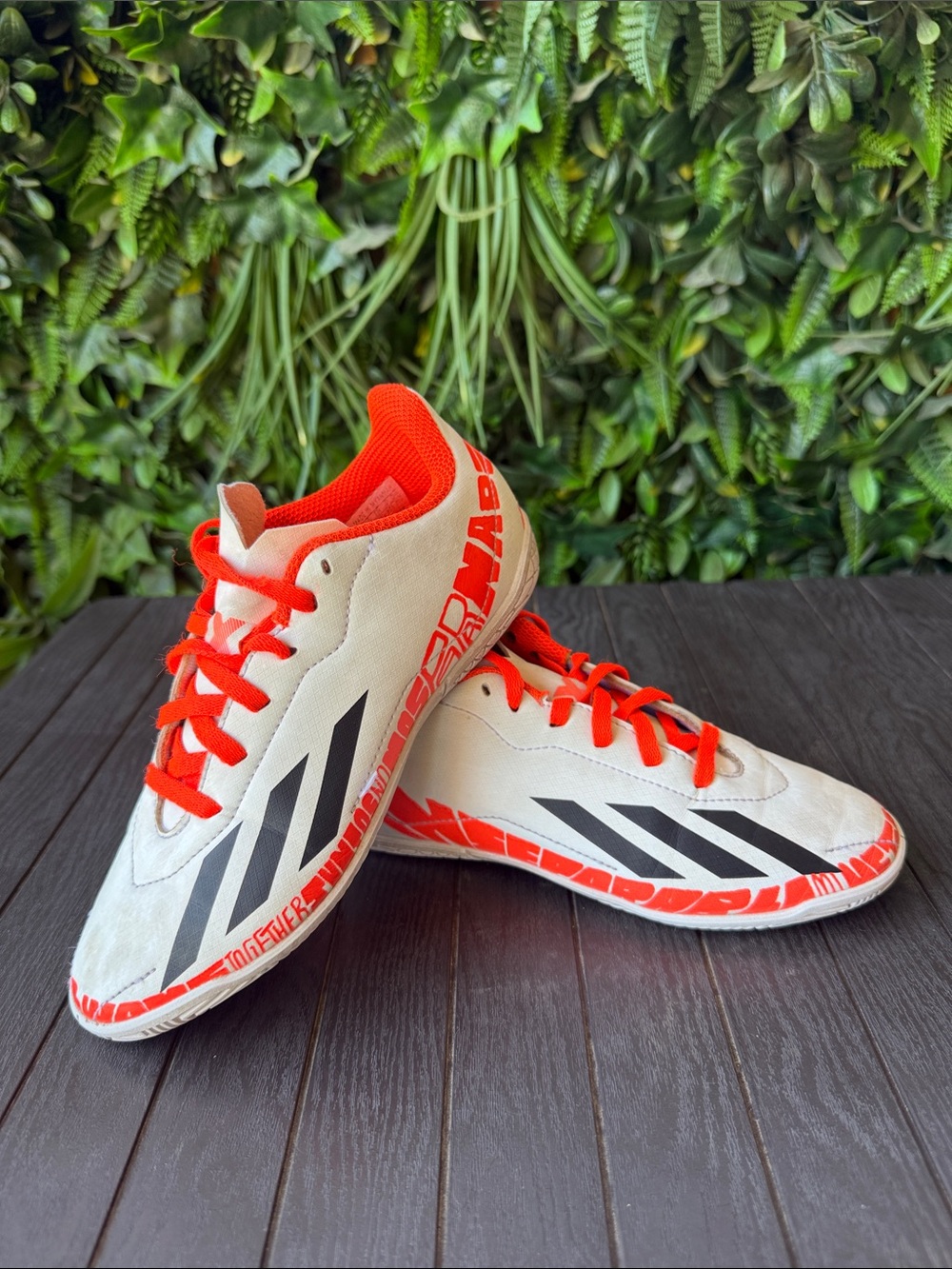 adidas White and Orange Indoor Soccer Shoes with Black Stripes